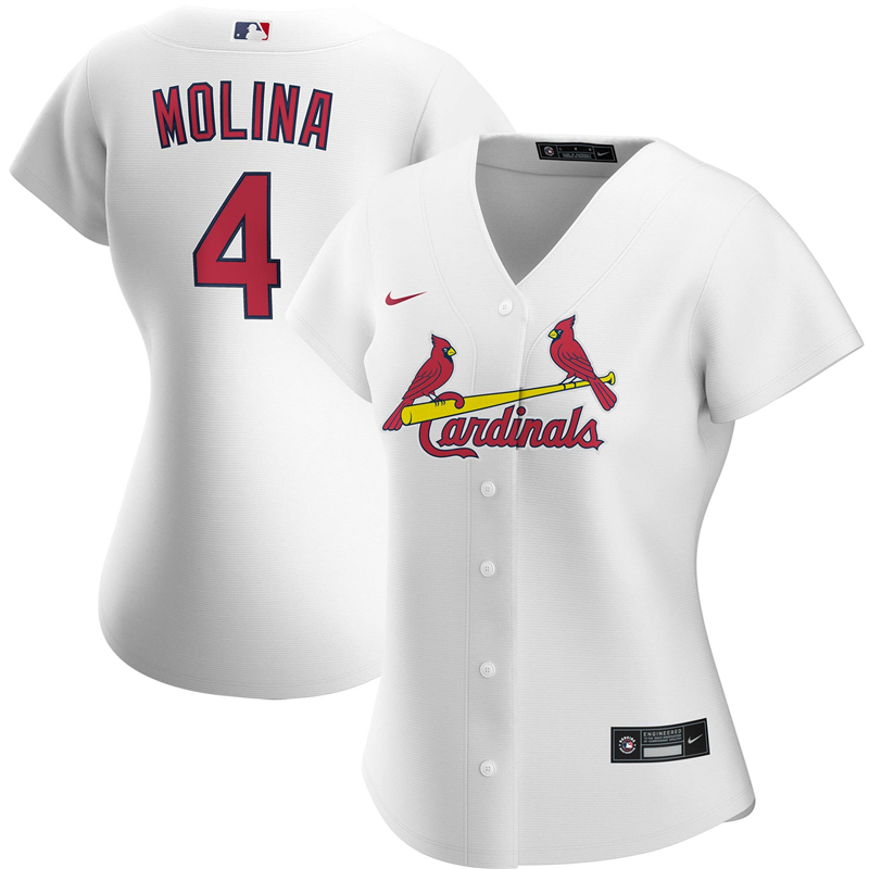 2020 MLB Women St. Louis Cardinals 4 Yadier Molina Nike White Home 2020 Replica Player Jersey 1